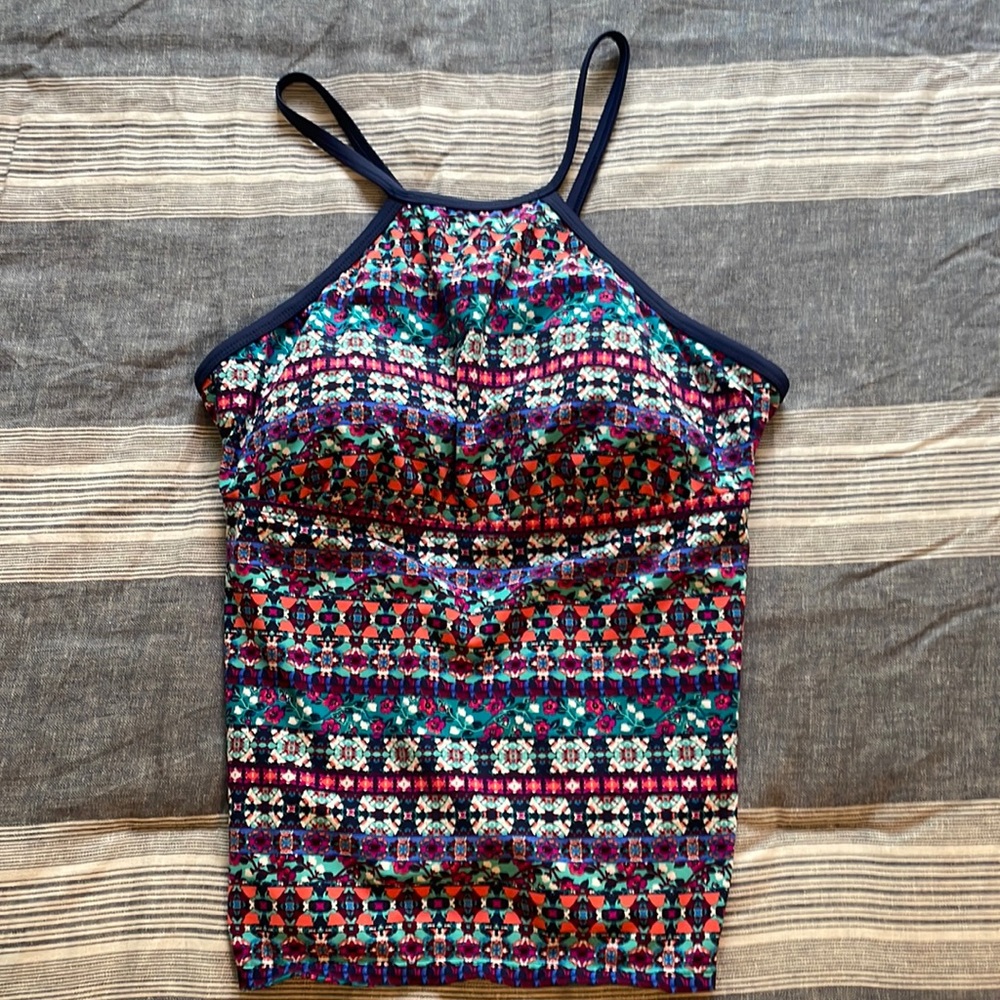 Title Nine Navy Patterned High Neck Halter Tankini